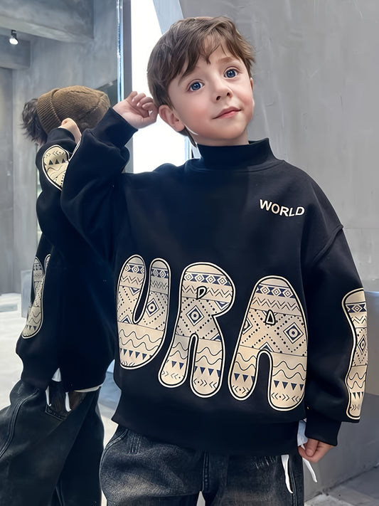 Boys' Cozy Fleece-Lined Sweatshirt - Casual High Neck, Long Sleeve Pullover for Fall/Winter - Stylish & Warm Youngsters' Top