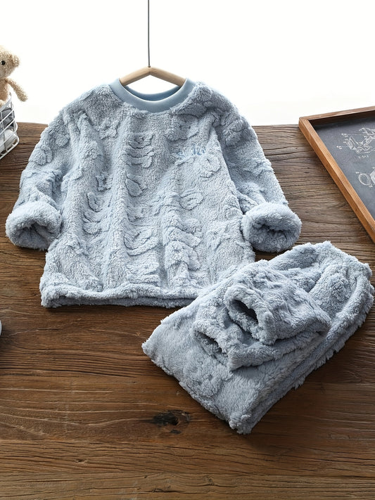 Cozy Youngsters' Plush Set - Reversible Fleece-Like Warm Outfit with Embroidered Details, Long Sleeve Crew Neck Pullover & Pants for Boys and Girls - Perfect for Fall/Winter, Machine Washable