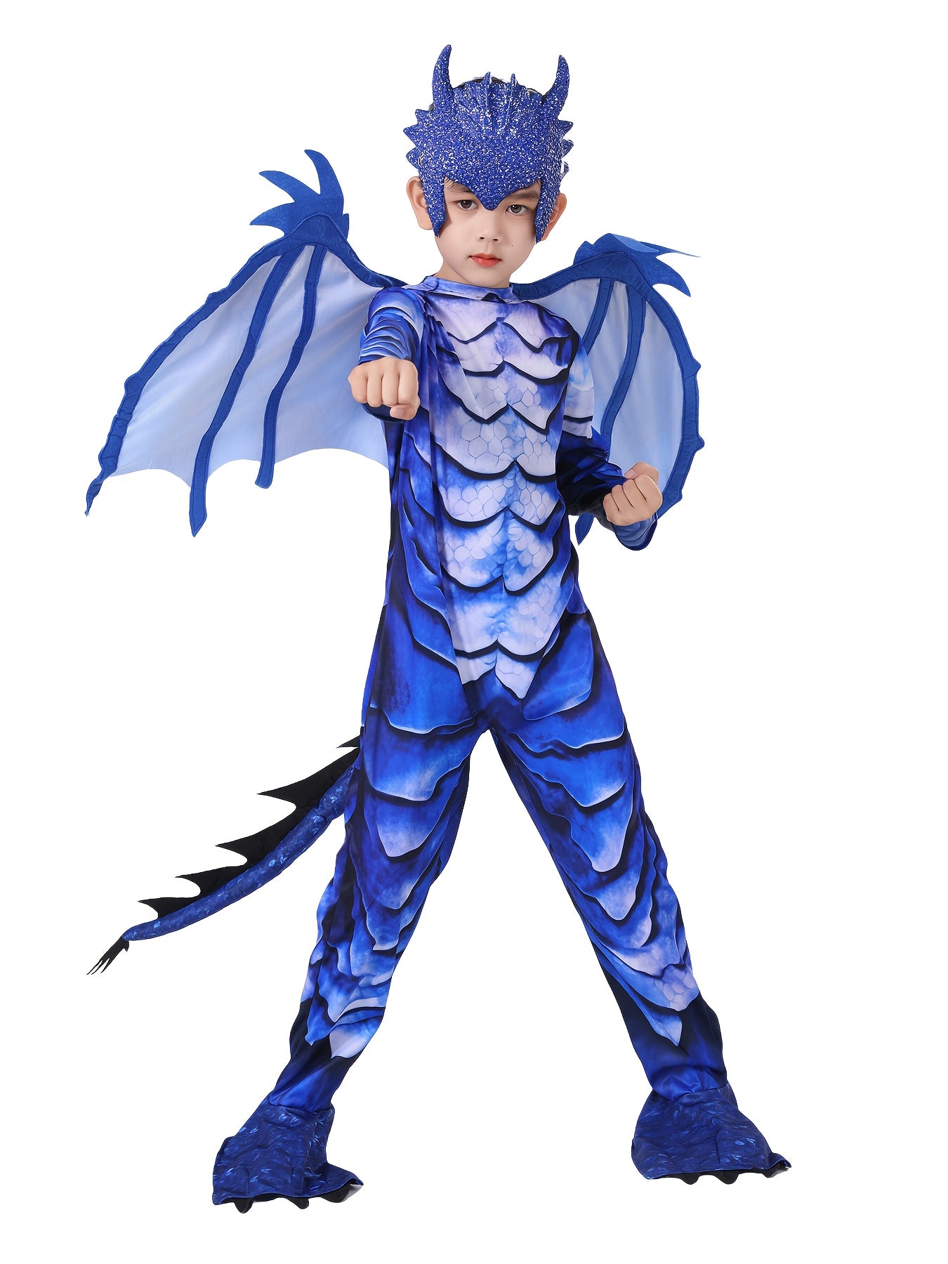 Kids' Blue Western Dragon Dress-Up Set (Jumpsuit + Wings + Headpiece + Tail) Halloween Carnival Theme Outfit / Back-to-School Season Playwear