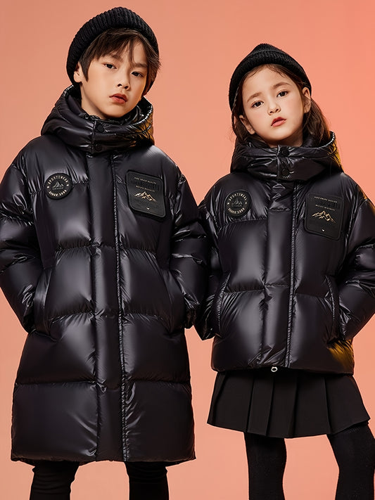 Boys' & Girls' Thickened -Padded Coat with Geometric Patches - Medium-Length Winter Snowsuit, Stand Collar, Zipper Front, Loose Fit, Polyester Lining for Warmth & Comfort (Sizes M/L)