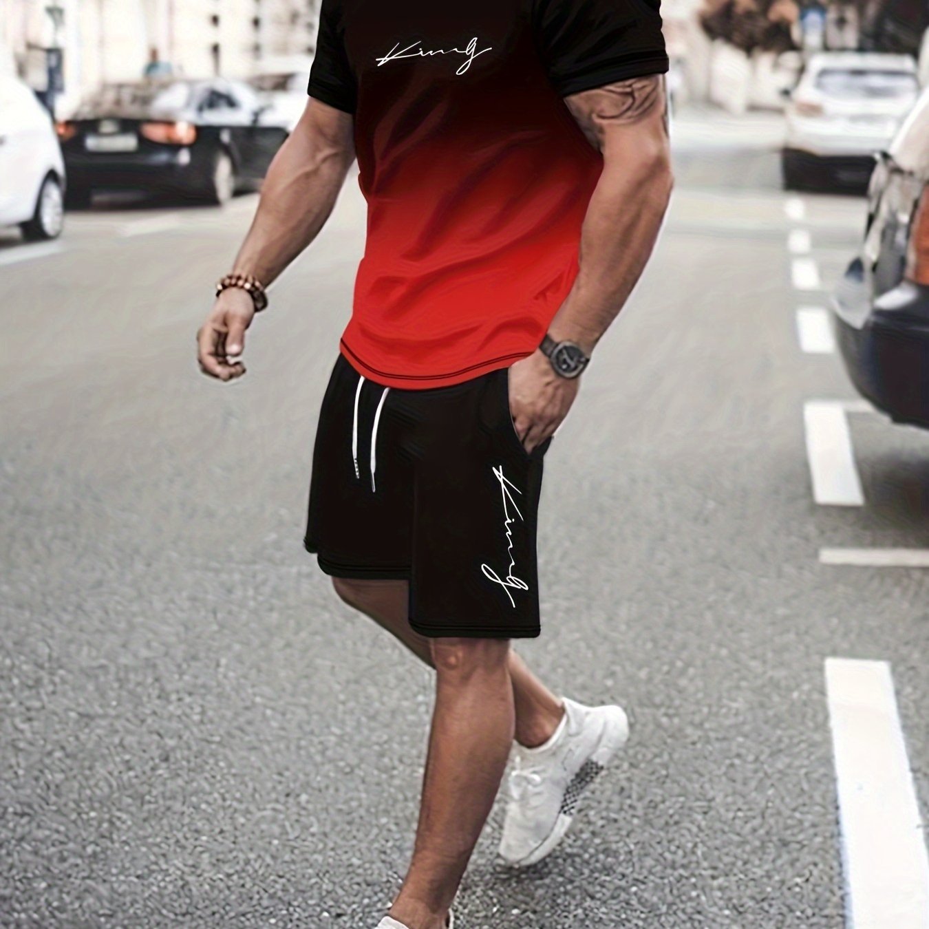 Ombre 2Pcs Trendy Outfits For Men, Casual Crew Neck Short Sleeve T-shirt And Drawstring Shorts Set For Summer, Men's Clothing Vacation Workout