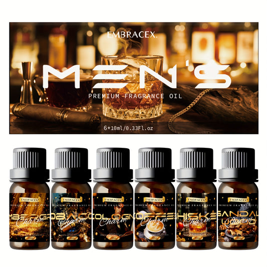 6pcs/1Set 0.33Fl.Oz Men'S Oil Set 6 High-Quality Essential Oils for Candle Making, Diffuser Alcohol Free Lasting Aroma Holiday Gift Father'S Day Gift for Men Gift Cologne, Tobacco, Whiskey, Bitter Coffee, Sandalwood, Ambergris
