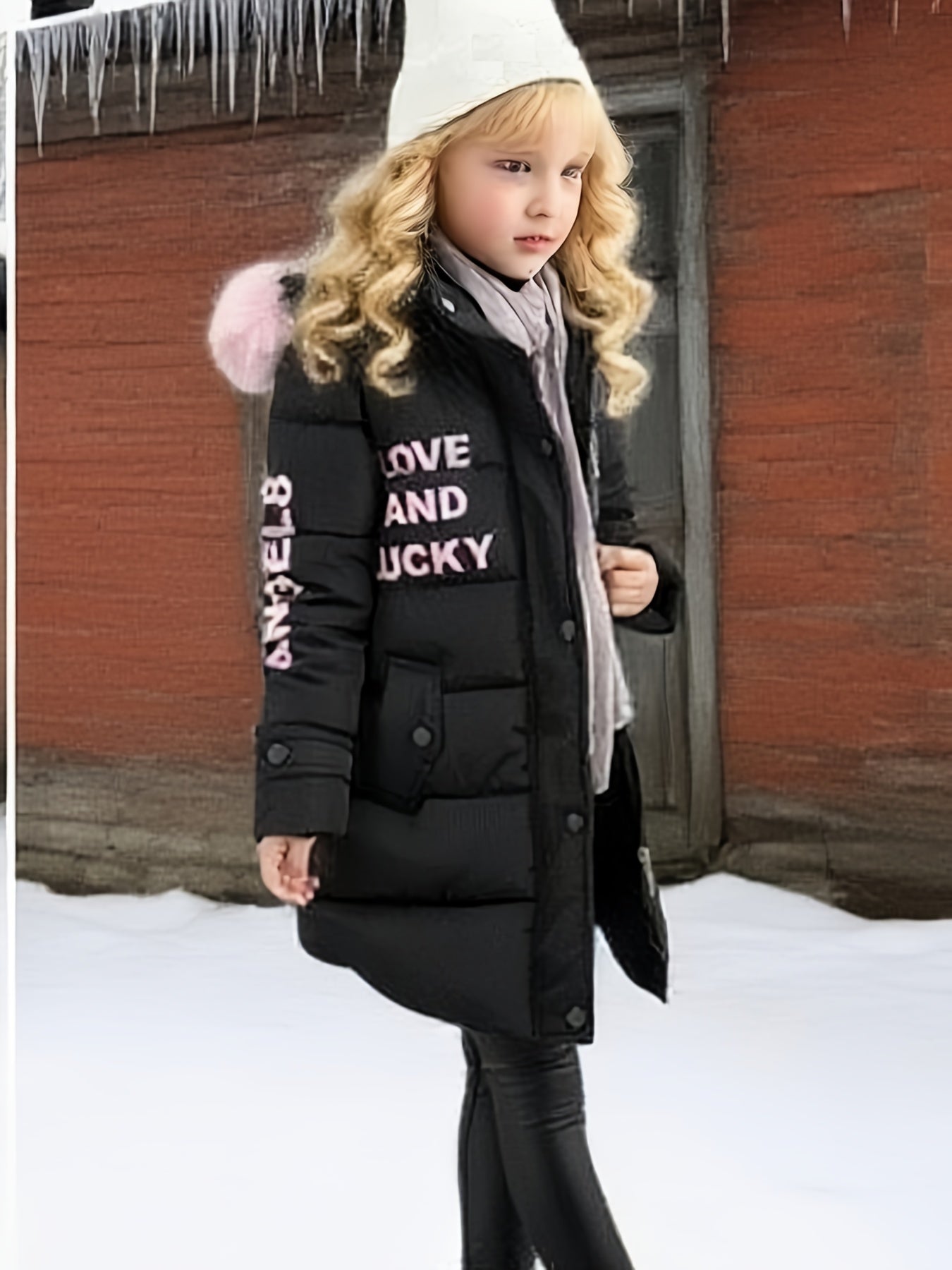 Girls' Long Hooded Winter coat - Thick Coldproof Jacket with LOVE AND ALL LETTERING, Full-Zip Front, Pastel pink Outerwear for to Kids (Hand Washable Non-Stretch Fabric) - Birthday/Christmas Gift for Girls, Seasonal Clothing, Playful Design, Warm Lining,