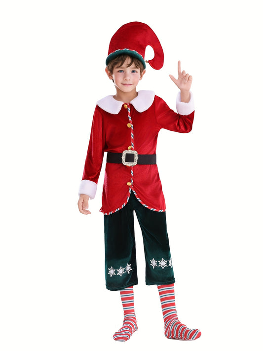 Christmas Elf Deluxe for Kids Santa's Little Helper - Red Velvet Jacket, Green Printed Pants, Socks, Hat, Belt | Xmas Party/School Performance/, Holiday Dressup, Festive Outfit, Highquality Stitching, Soft Fabric, Santa Outfit, Party Wear