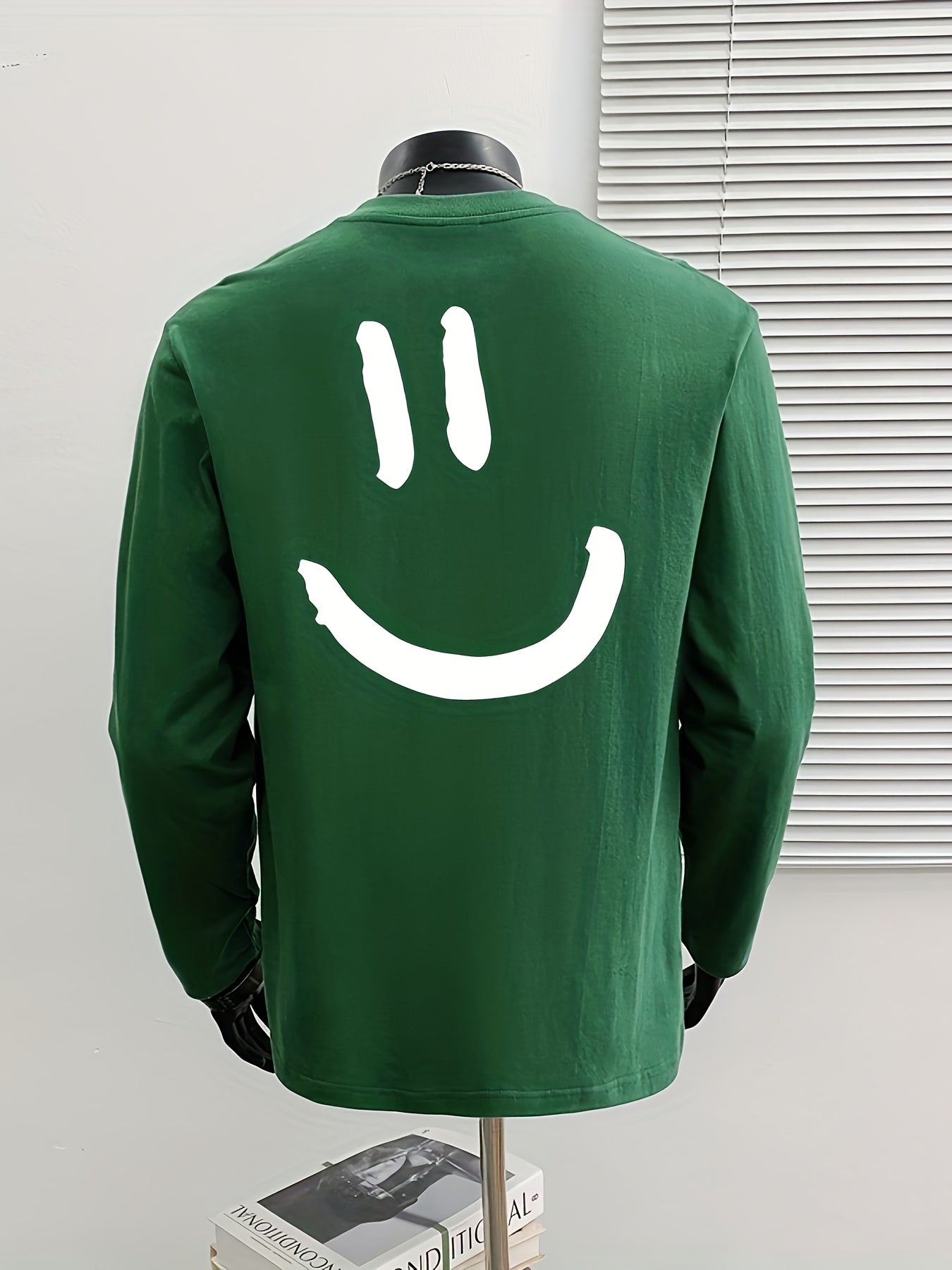 Men'S Heavyweight Cotton Long Sleeve T-Shirt with Back Smile Graphic - Relaxed Fit Round Neck Casual Top for Spring/Fall, Versatile Layering Essential, Machine Washable, Multi-Occasion Wear, Spring Fall Apparel, Playful Design, Durable Casualwear, Everyd