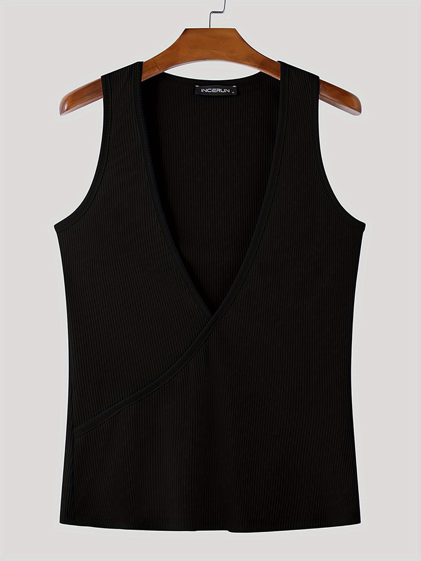 INCERUN Men Ribbed Knit Tank Tops Solid Deep V Neck Sleeveless Tight Casual Vest Pajamas Tops