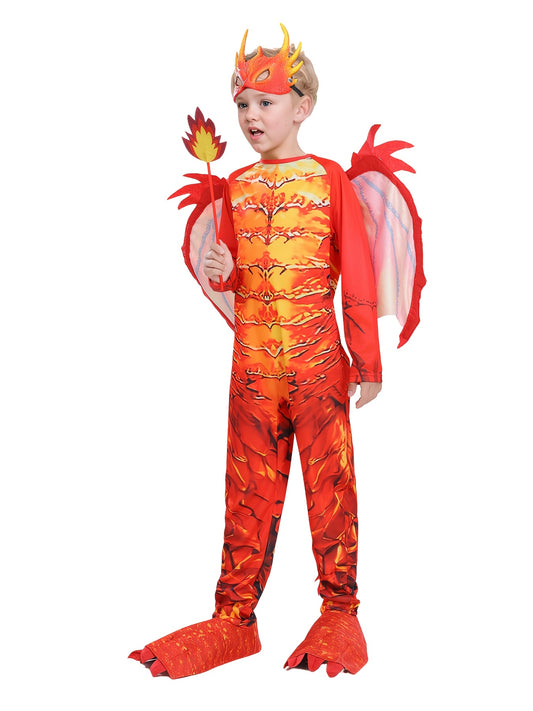 Youngsters Western Red Flame Dragon Knight Outfit - Full-Body Role Play Ensemble with Wings, Horns & Tail for Halloween, Carnival, Themed Parties - Durable Polyester, All-Season Use, Halloween Attire, Party Wear, Vibrant Design, Comfortable Fit