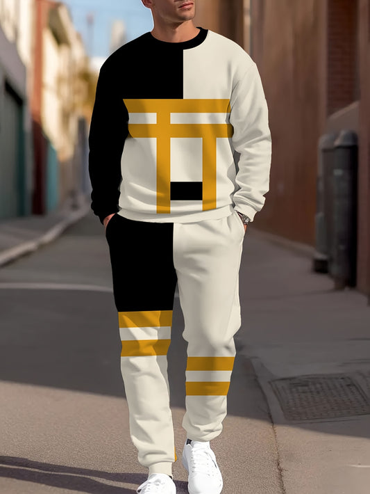 Men'S Casual Polyester Suit Set - Crew Neck Sweatshirt with Long Sleeves & Matching Pants, All Over Print, Knit Fabric, Slight Stretch, Regular Fit, Machine Washable, Weekend Casual Wear