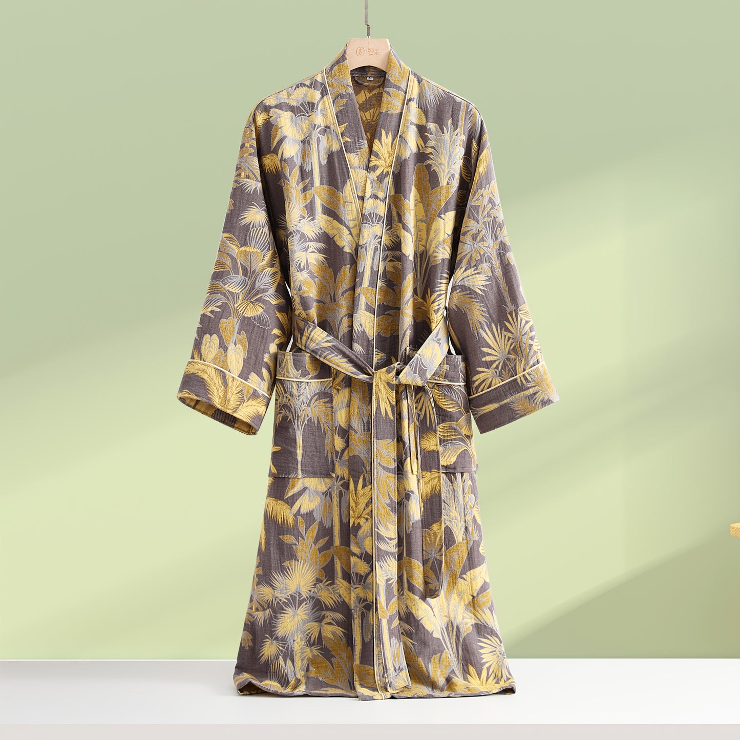 New Pure Cotton Double-Layer Yarn Bathrobe - Absorbent Long Sleeve Kimono with Modern Abstract Print, Couple-Friendly Pajamas & Robe, Machine Washable Home Wear for Relaxation, Bath Robes