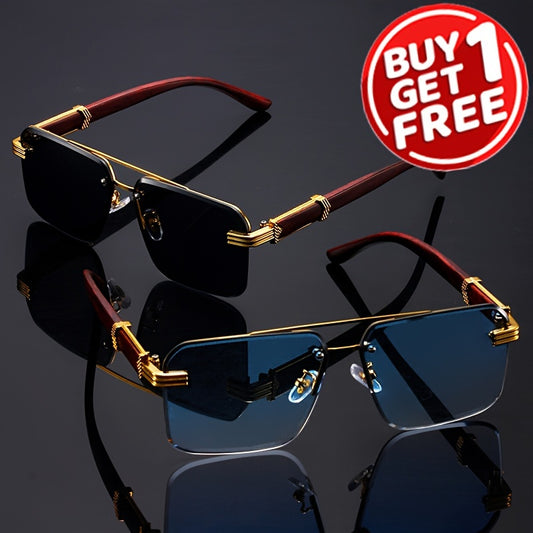 2pcs/SET retro frameless fashionable glasses for women, square decorative glasses with classic wood grain legs for men