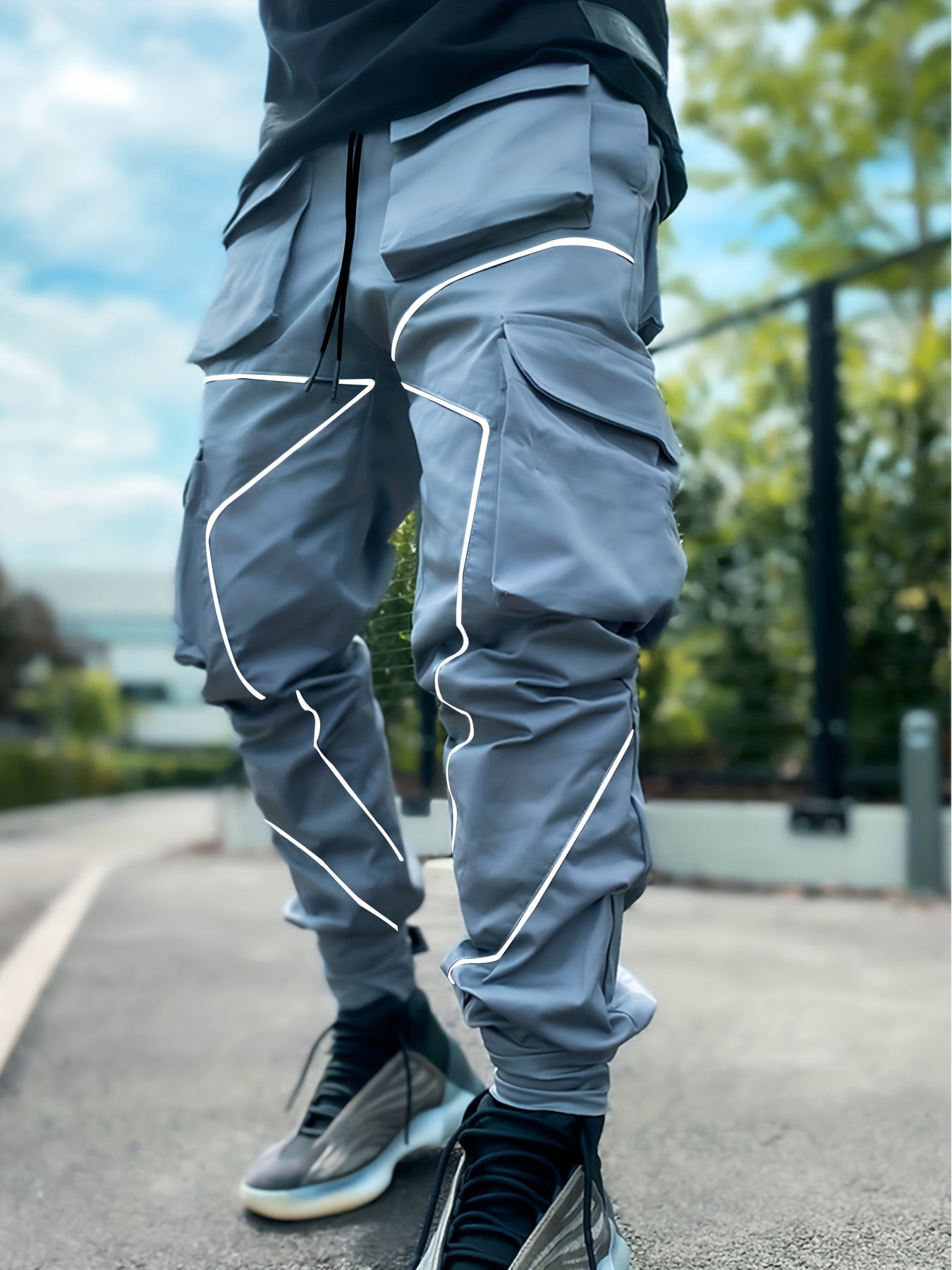 Stylish Multi-Pocket Cargo Pants for Men - Long Footed, Reflective Stripes, Climbing, Mountain, Outdoor Fitness - Comfortable, Breathable, Quick-Drying