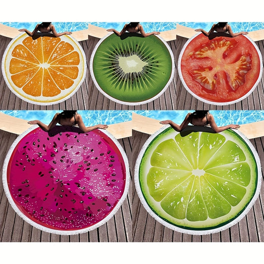 1pc Realistic Fun Fruit Summer Beach Round Towel with Dragon Fruit, Lime, Kiwi, and Tomato Print, Ultra-Fine Fiber, Soft Touch, Quick-Dry Absorbent, Suitable for Beaches, Bathrooms, Pools, Yoga, Swimming, Camping, Travel, Perfect Gift for Birthdays, Than