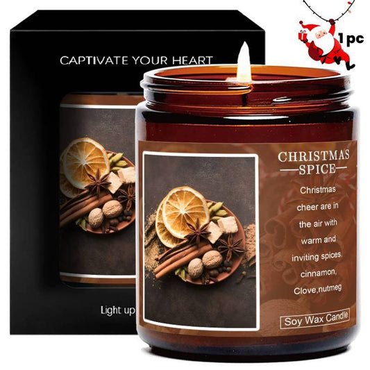 1pc Festive Christmas Spice Soy Wax Candle, 5.3oz - Lavender & Cinnamon Scented with Nutmeg & Orange Peel Illustrations | Ideal Holiday Gift for Women, Men, Mom, Dad, Grandparents, Friends | Perfect for Xmas Home Decor & Gifting, Christmas Gift