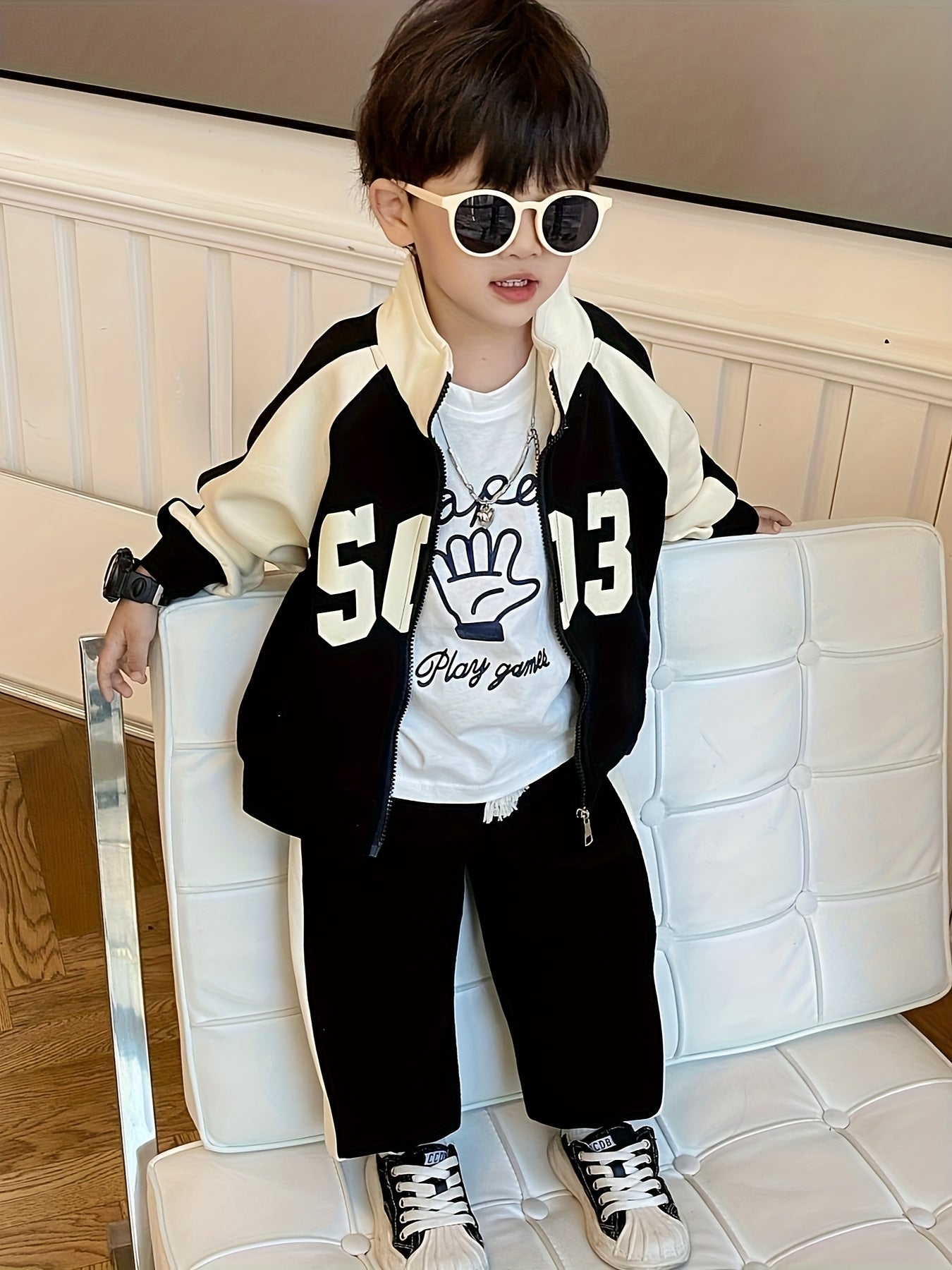 Boys' Autumn And Winter Stylish Color-Block Letter Print Long-Sleeved Jacket + Loose Straight-Leg Pants New Cool Trendy Two-Piece Suit, Perfect for Outdoor