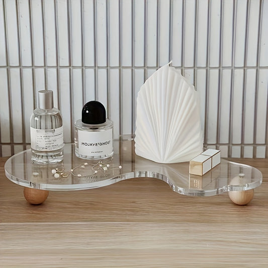 1pc Acrylic & Wood Bathroom Vanity Tray - Geometric Pattern Decorative Organizer with Polished Finish, No Electricity Needed for Countertop Storage of Cosmetics, Jewelry, Scented Oils - Modern Luxury Home Decor, Bathroom Organizer | Minimalist Tray | Woo
