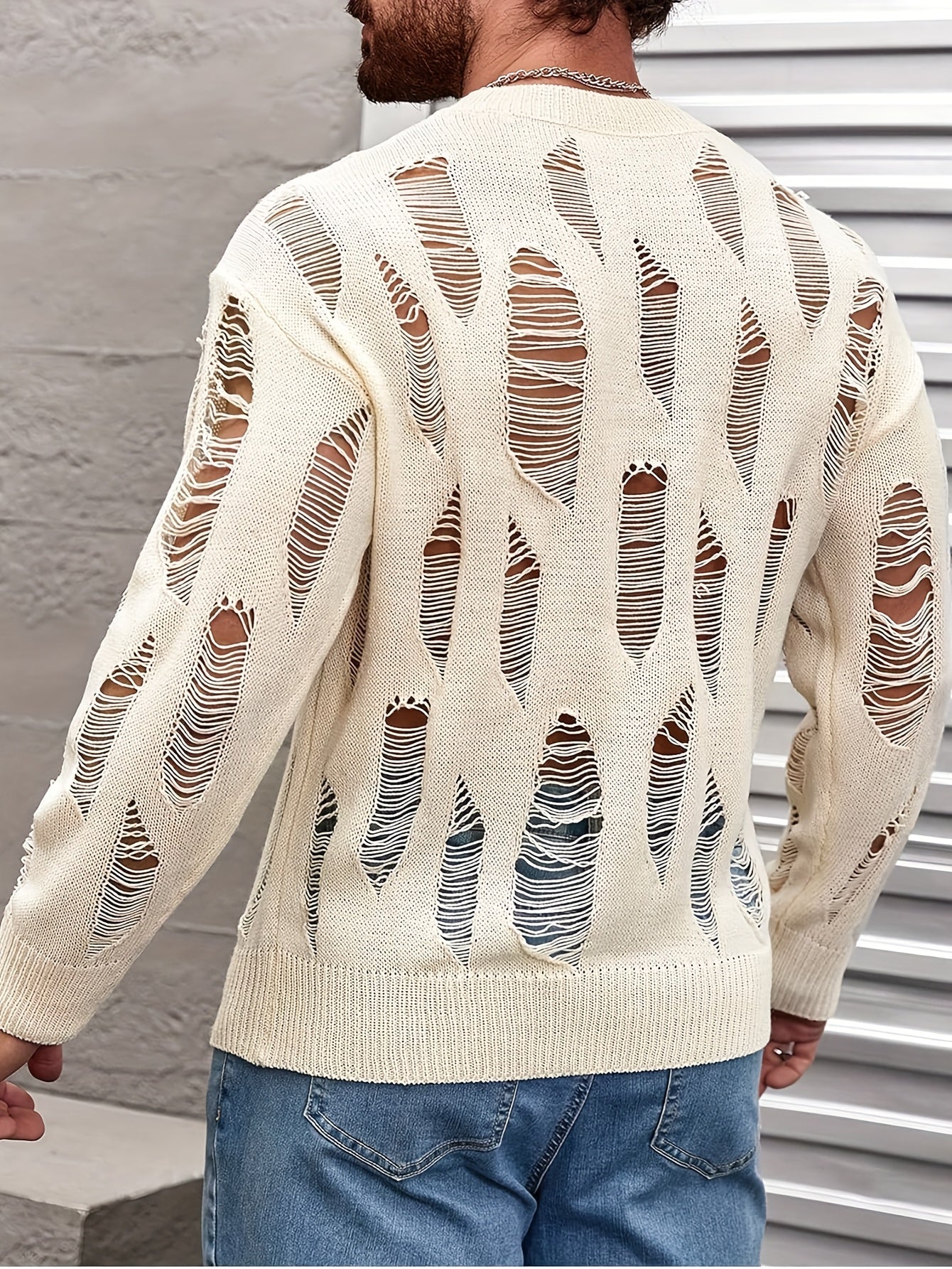 Men's Sexy Edgy Black Knit Sweater with Cut-Out Details - Slim Fit Stretchy Semi-Sheer Pullover, Machine Washable Round Neck Top for Spring/Fall, Spring Fall Apparel, Trendy Knitwear, Comfortable Wear