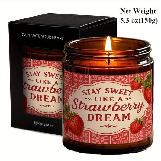 1pc Lavender Scented Candle - Soy Wax Long Burning Candle (12+ Hours) with "Stay Sweet Like a Strawberry Dream" Quote & Strawberry Pattern, Farmhouse Decor in Cute Jar - Birthday, Valentine's, Anniversary, Christmas Gift for Women, Wife, Mom, Girlfriend