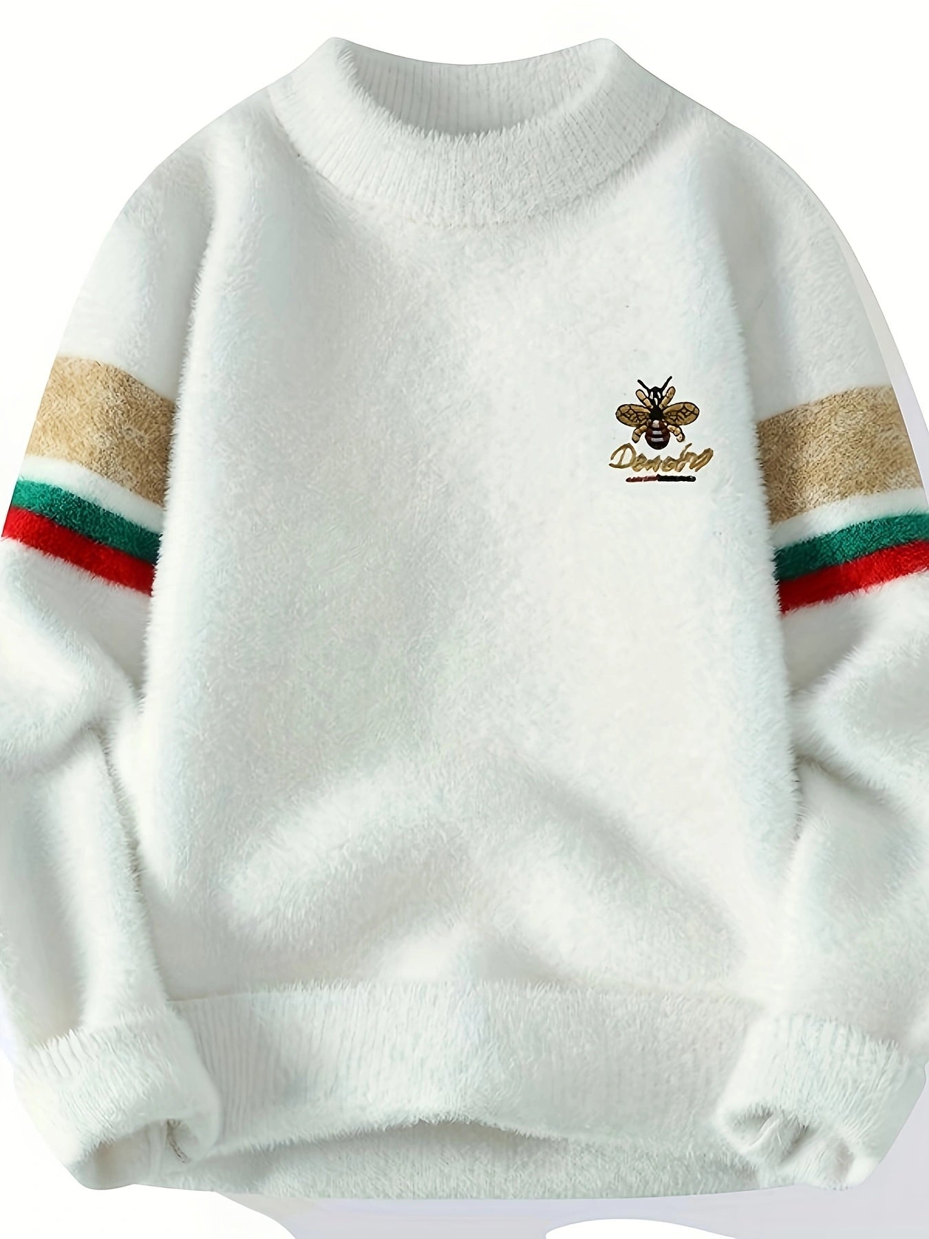 Men'S Cozy Fleece-Lined Knit Sweater - Thick Warm Crew Neck Pullover with Geometric Pattern, Brown with Stripes and Plaid Accents, Perfect for Fall/Winter Casual Wear, Casual Winter Wear | Geometric Pattern Sweater | Thick Fleece Lining