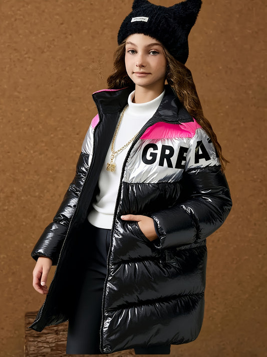 Girls' Winter Oversized Hooded Coat with Full-Zip Front Closure, Full-Length Black & Pink/White Jacket - Heavy-Duty Outerwear for, Casual & Formal Events, Stylish Winter Outerwear for Girls (Easy-Care, Hand Wash/Dry Clean) - Ideal for Everyday & Special