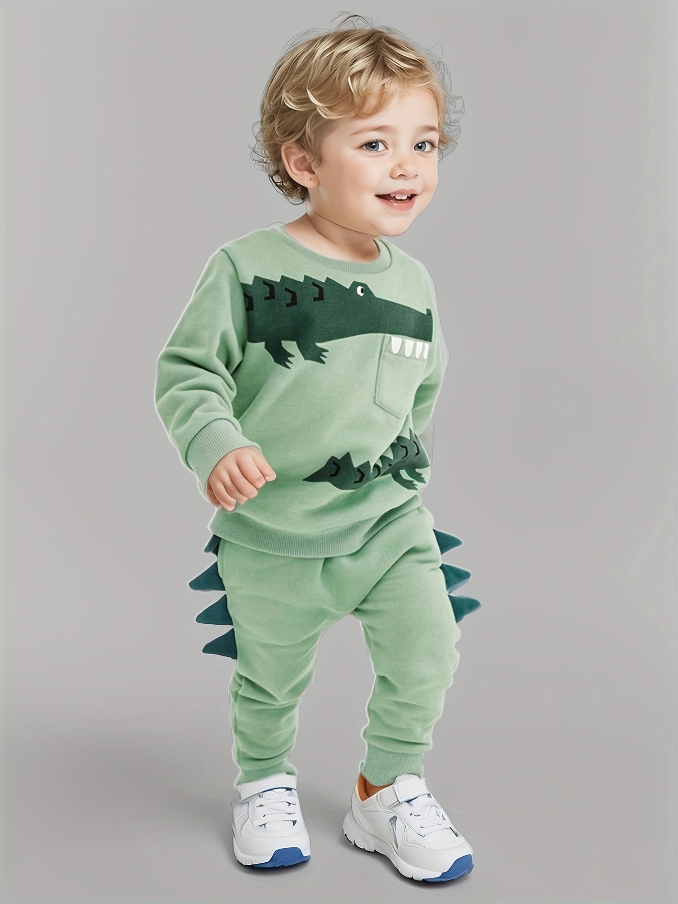 Firstmovements Offers a 2pcss Boys' Cartoon Dinosaur Print Sweatshirt Set, Made from Comfortable Fabric, Suitable for Spring And Autumn. This 2pcss Tracksuit Is Perfect for Outdoor Activities And Is Ideal for Home Use.