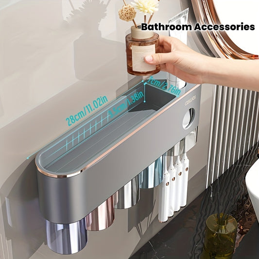 1 Set Of Bathroom Accessories Family Combination Wash Cup Set Free Of Punching Installation Stainless Steel Toothbrush Holder With Automatic Toothpaste Dispenser