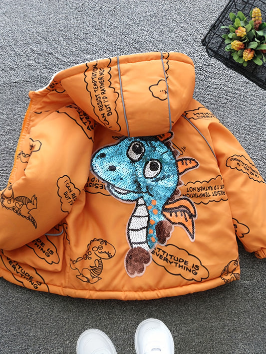 Boys Cartoon Dinosaur Full Print Fleece Lining Hooded Jacket, Long Sleeve Zip Up Warm Jacket, Boy's Clothes For Spring Fall Winter Outdoor