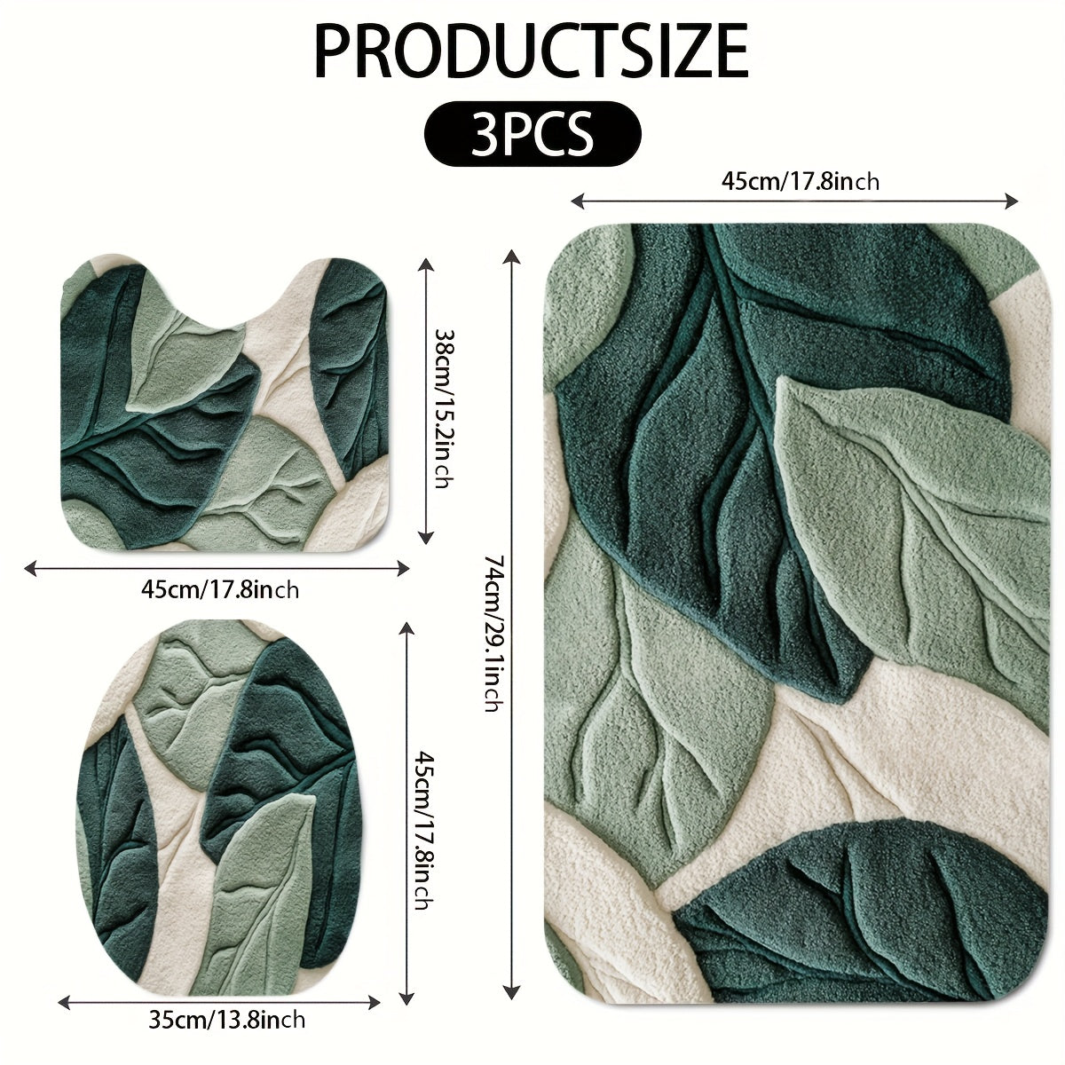 3pcs Green Leaf Pattern Bathroom Mat Set, Toilet Lid Cover, Toilet U-Shaped Mat, Flannel Material, Soft Surface, Mother'S Day Decoratio