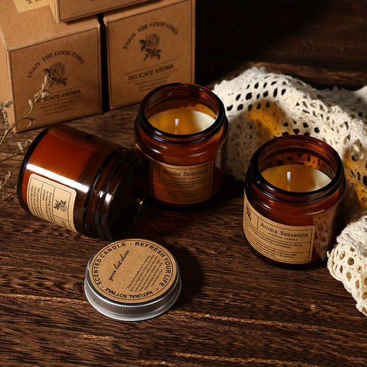 1-Pack Handmade Vintage Amber Glass Candle in Reusable Bottle - Long-Lasting Spice Scent, Soy & Palm Wax Blend, 4-8 Hour Burn Time, Rustic Brown Bottle with Glitter Accents for Christmas, Thanksgiving, Valentine’s Day Home Decor & Gift, Holiday Candle, S