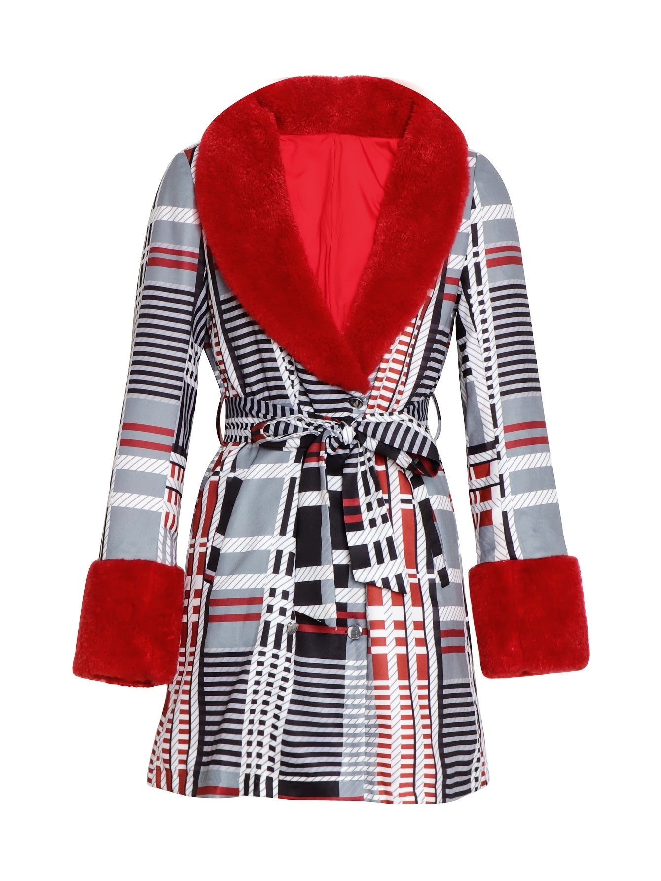 Women'S Belted Plaid Trench Coat with Faux Fur Collar, Polyester Spandex Blend, Casual Long Jacket, Woven Printed Pattern, for All-Season Outerwear