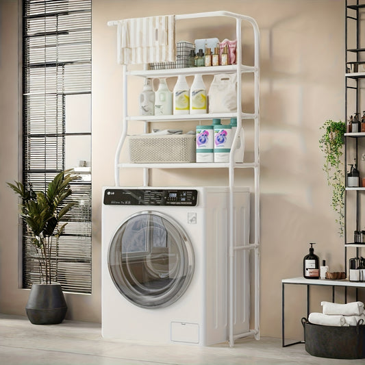 The "Bathroom Giant" Is a No-Drill, Stainless Steel, Three-Tier Upgraded Storage Rack with a Towel Bar, Designed to Accommodate a Washing Machine, a Space-Saving Tool Available in Black And White.