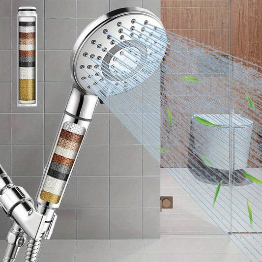 Shower Head and Handheld Sprayer with Water Filtering Function - High Pressure 6 Spray Modes, Includes Softening Ball Filter to Remove Chlorine and Impurities, Reduces Dryness/Itchiness, Light Beige, Chrome Coating, Suitable for Hard Water