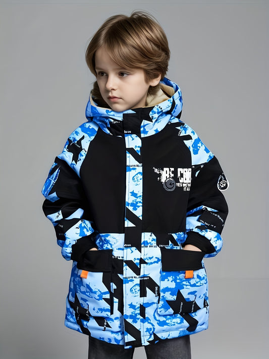 Boys' Heavy-Duty Winter Jacket - Thick Insulated Coat with Full-Zip Closure, Hooded Cold Weather Outerwear, Black/White/Gray/Orange Accents - All-Season Outer Jacket for Big & Tall Boys - Ideal for Hiking, School, and Everyday Use - Easy-Care Polyester F