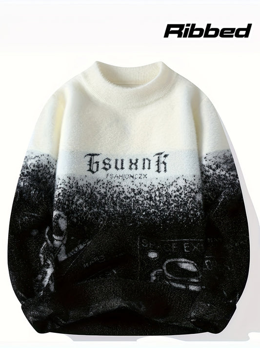 Men'S Cozy Fleece Sweatshirt - "FSAHIONCZX" Graphic, Beige & Brown, Ribbed Knit, Long Sleeve, Crew Neck, Perfect for Fall/Winter, Winter Clothing | Ribbed Knit Sweatshirt | Cozy Fleece Material, Thick