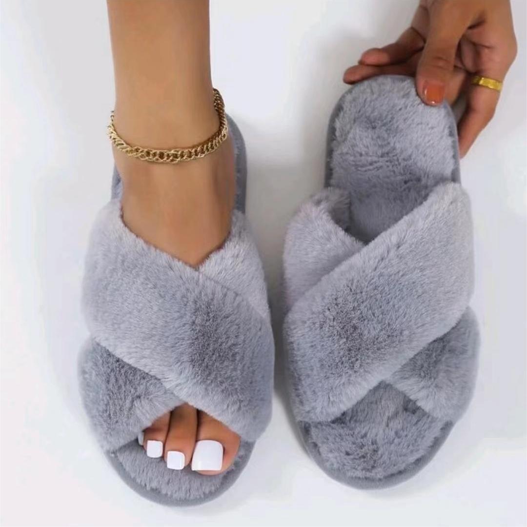Cozy Crisscross Furry Slippers - Women's Warm Plush Fuzzy Flat Open Toe Home Shoes with Soft Comfy Insoles - Perfect for Lounging Around the House