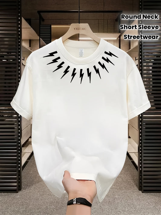 Men's Heavyweight 100% Cotton T-Shirt - Korean & Japanese Streetwear Style Black with White Lightning Bolt Graphic Short Sleeve Round Neck Casual Summer Tee for Casual Attire, Valentine's Day, Father's Day Gifts - Breathable & Durable Hot Transfer Print