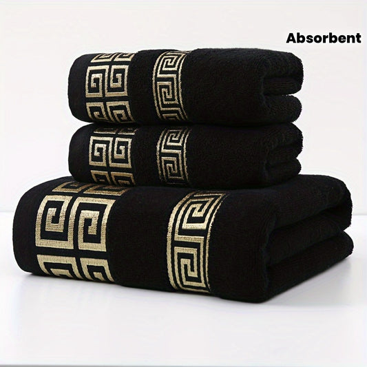 3pcs 100% Cotton Towel Set (1 Bath Towel, 2 Washcloths) GSM410, Exquisite Embroidery, Geometric Pattern, Luxury Style Bath Towel, Very Soft, Very Absorbent, Not Easy to Shed And Not Easy to Fade, Bathroom Essentials, Suitable for Autumn And Winter Season