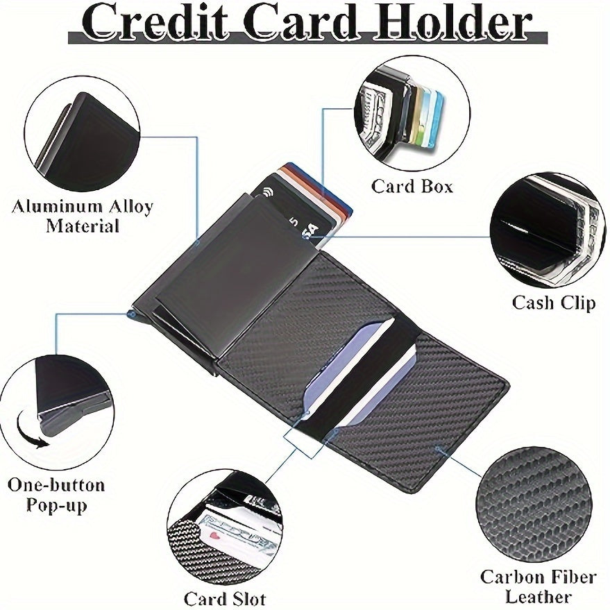 RFID Blocking Slim Metal Wallet - Card Cases with Carbon Fiber, Pop-Up, Minimalist Design, Small Black Purse for Men - Durable, Thin, and Stylish Credit Card Holder