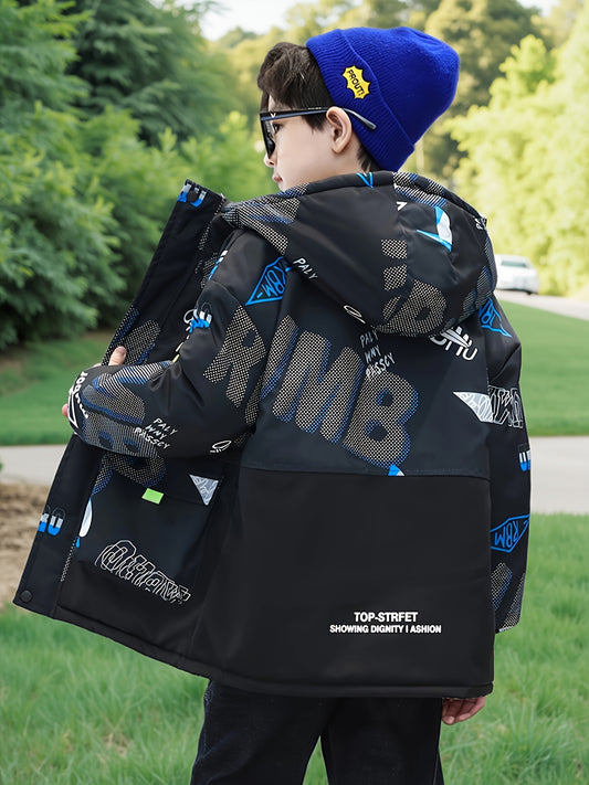 New Stylish Thickened Fleece Parka for Boys in Autumn And Winter, Featuring a Cool Hooded Design for Older Kids.