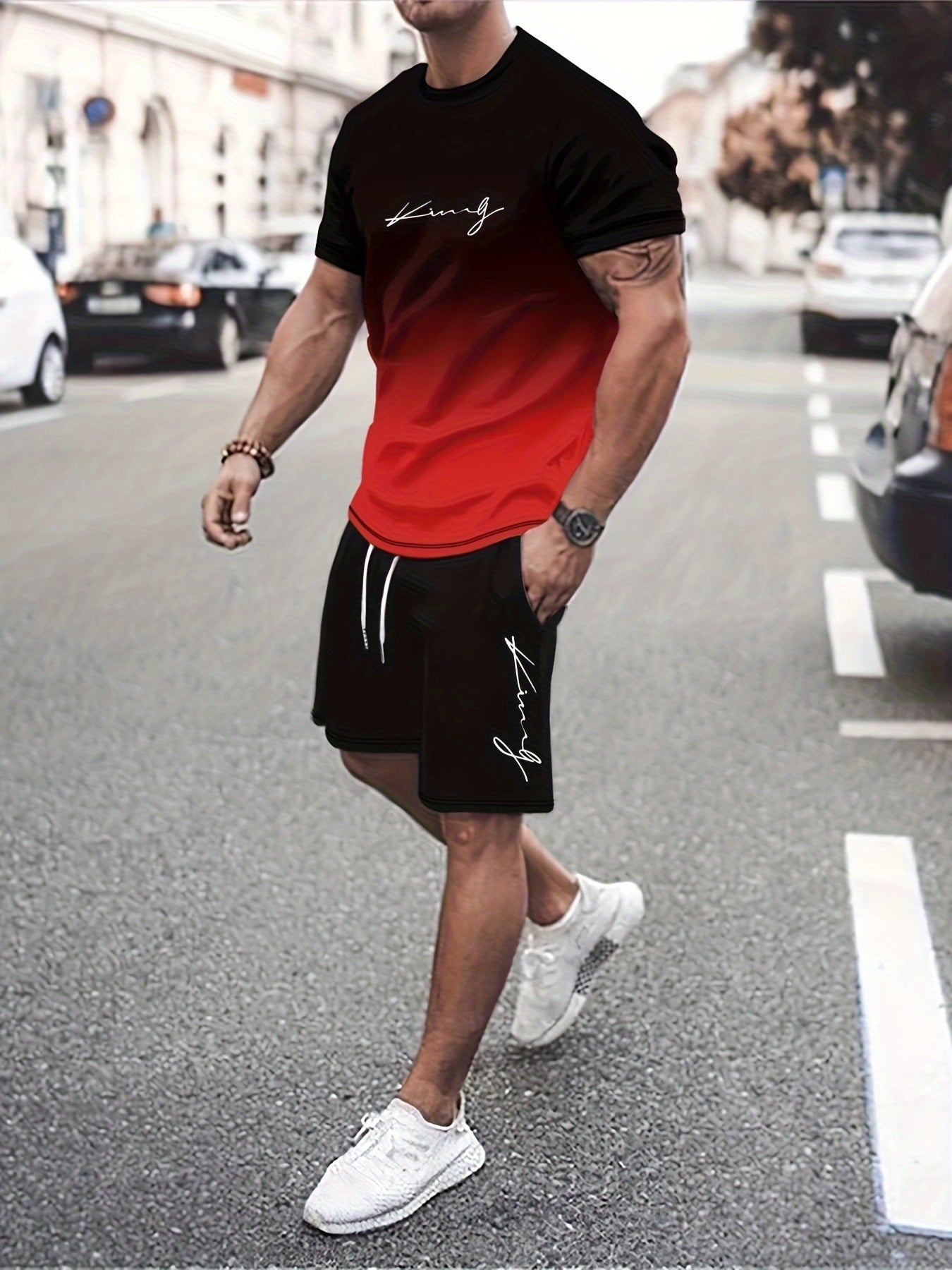 Ombre 2Pcs Trendy Outfits For Men, Casual Crew Neck Short Sleeve T-shirt And Drawstring Shorts Set For Summer, Men's Clothing Vacation Workout