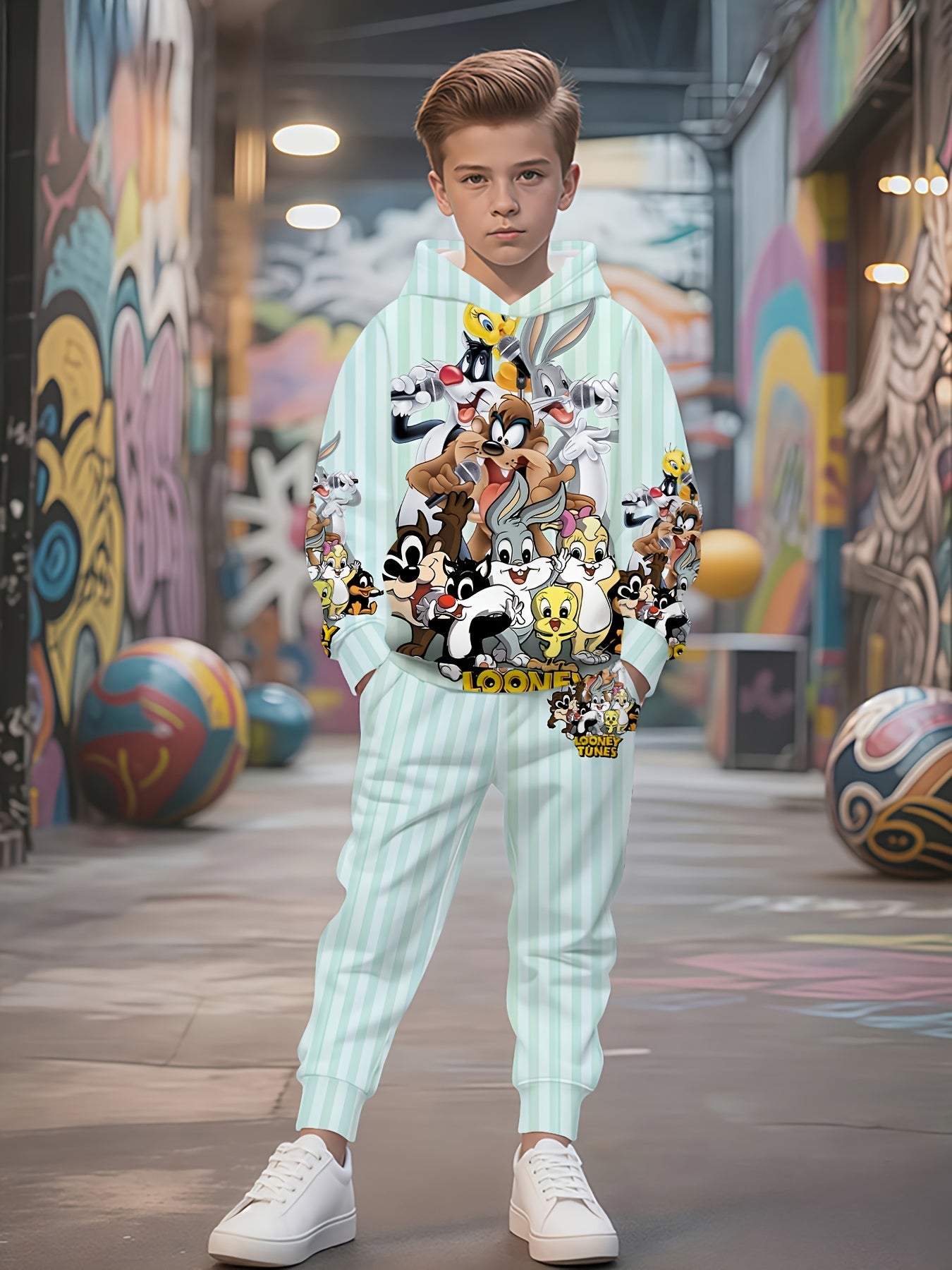 Warner Bros. Looney Tunes Cute Characters Full Print 3D Sweatshirt and Joggers Set, Boys' Outdoor Casual Wear, Perfect for Outdoor