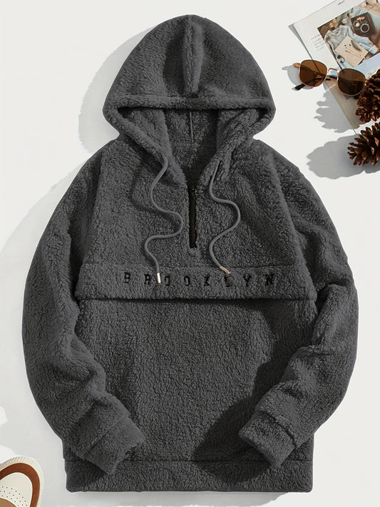 Men'S Fashion Classic Solid Color Flannelette Hoodie with Embroidered Lettering, Casual Style, Medium Stretch Knit Fabric, Hooded Collar, Quarter Zip, Regular Fit for Daily Leisure and Commuting, Long Sleeve Pullover for Fall/Winter - 100% Polyester