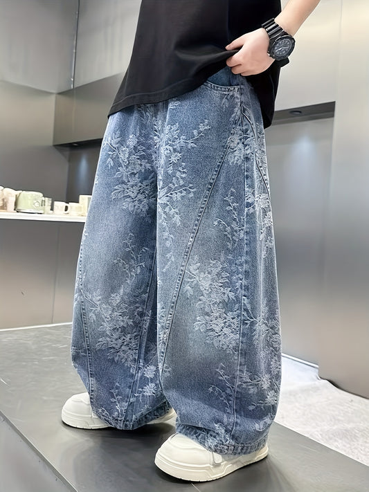 8-12 Years Old Boys' Casual Outdoor Wide-Leg Pants with Embroidery, Stylish Denim Trousers for Autumn and Winter
