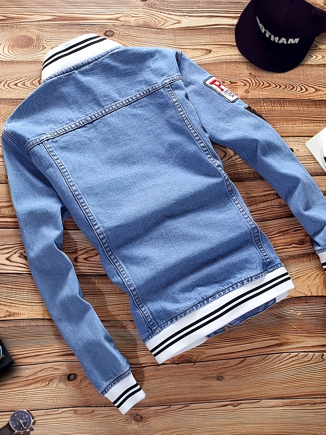 Men's Heavy-Duty Blue Denim Jacket with White Piping & Golden-Tone Buttons - Oversized Workwear Coat, Stand Collar, Chest Pocket, Machine Washable - Casual & Semi-Formal Outerwear (Jeans Jacket)