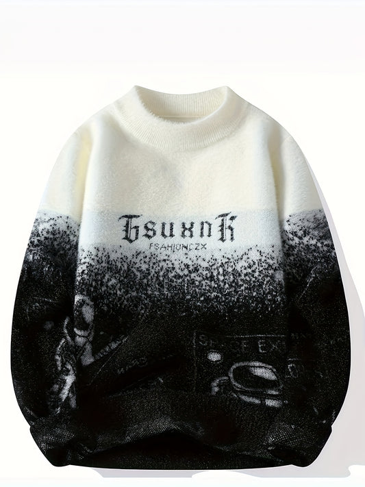 Men's Winter Thermal Knit Sweater - Thick Warm Ribbed Cuff Pullover with Black & White Stripes & Bold Letter Graphic, Casual Round Neck Top for Autumn Winter Outdoor Activities