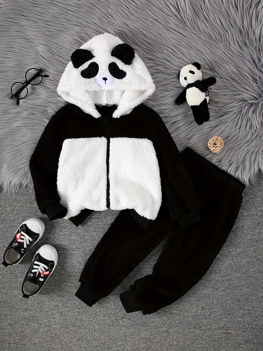 Children'S First Set of Autumn and Winter Two-Piece Hooded Long Sleeve Patchwork Sweatshirt + Pants Suit Panda Hat New Fashion Casual Trend Suitable for Boys and Girls, for Outdoor