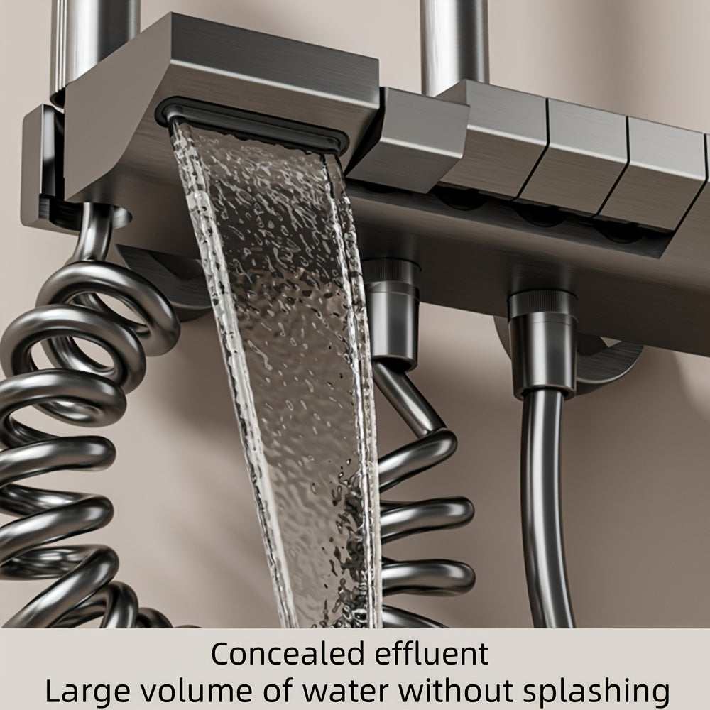 Four-button digital showerhead with ambient lighting, shower component, gray full-spray system, ideal for home bathrooms and hotel bathrooms, bathroom decor gift, adjustable temperature and pressure water flow, enhances bathing experience, perfect choice