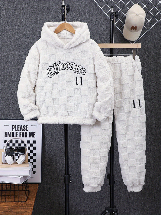 Boys' Winter Plush Hoodie & Pants Set - Cozy Letter Print Casual Outfit with "Chicago" Design, White Fleece-Lined Hooded Sweatshirt & Matching Pants, Perfect for Fall/Winter, Winter Clothing | Plush Hoodie | Fleece Lined Hoodie, Thick, for Outdoor