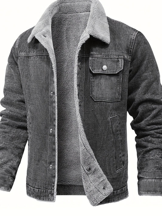 Men's Vintage Washed Denim Jacket with Fleece Lining - Warm, Casual Winter Coat with Buttoned Cuffs and Chest Pockets, Grayish-Black Distressed Look