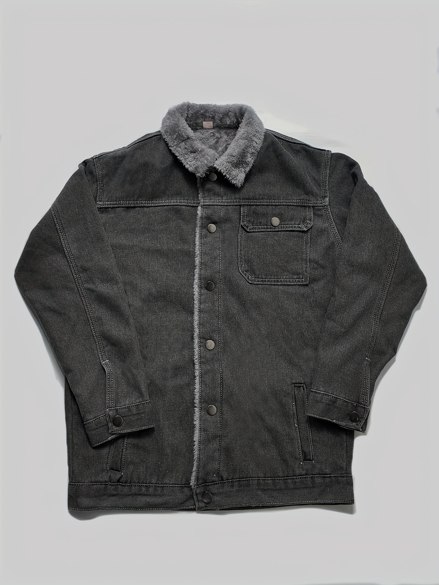 Men's Vintage Washed Denim Jacket with Fleece Lining - Warm, Casual Winter Coat with Buttoned Cuffs and Chest Pockets, Grayish-Black Distressed Look