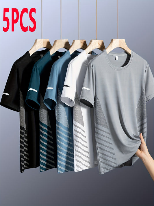 5pcs Summer Men's Casual Sports Shirts, Round Neck Mesh Breathable Quick-Dry Moisture-Wicking Short Sleeve Knit T-Shirts with Elasticity, Fashion Printed Breathable Sweatshirts Suitable for Running, Fitness, Fishing, Outdoor Hiking, Travel and Home Wear